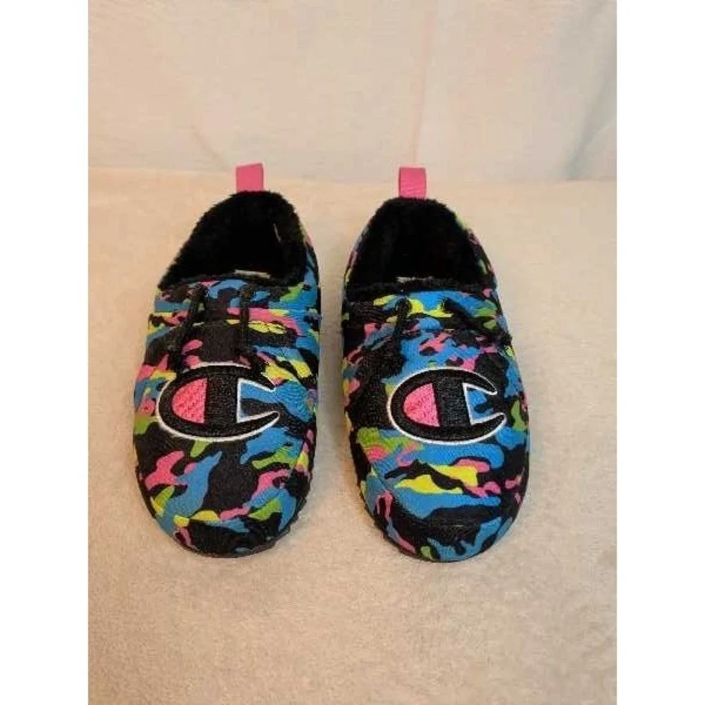 Champion Kids Slippers Blue Camo C Logo Pink Pull Tab Shoes Size 5Y